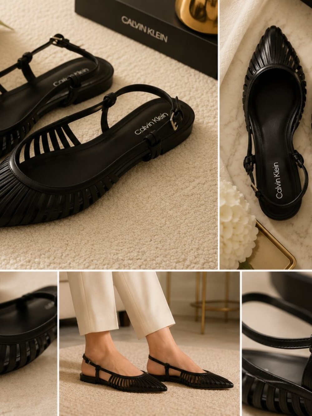 Calvin Klein Black Pointed Slingback Flats with Textured Upper